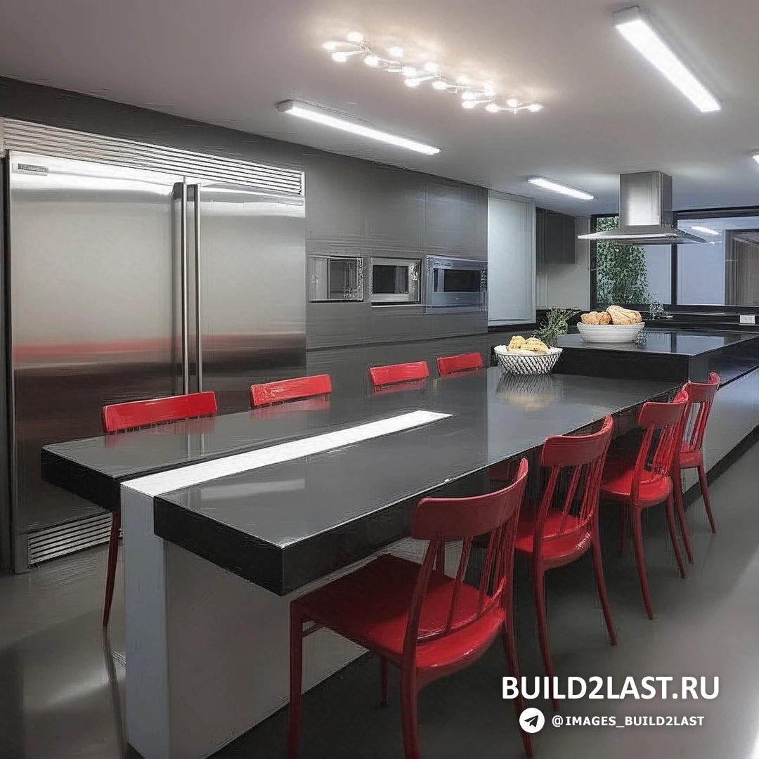 Красные стулья в кухне с светлым деревом и белыми стенами, подвесными светильниками и барными стульями.